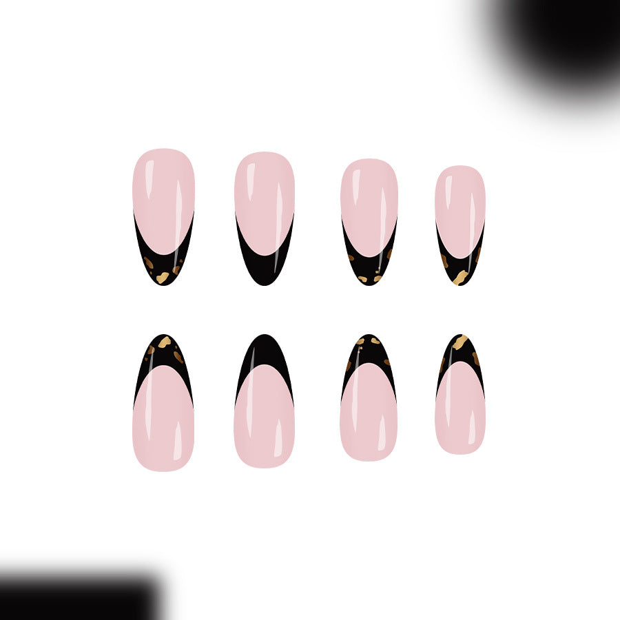 Elegant Enchantment Long Almond Pink and Black with Unique Leopard Print Accent Press-On Nail Set