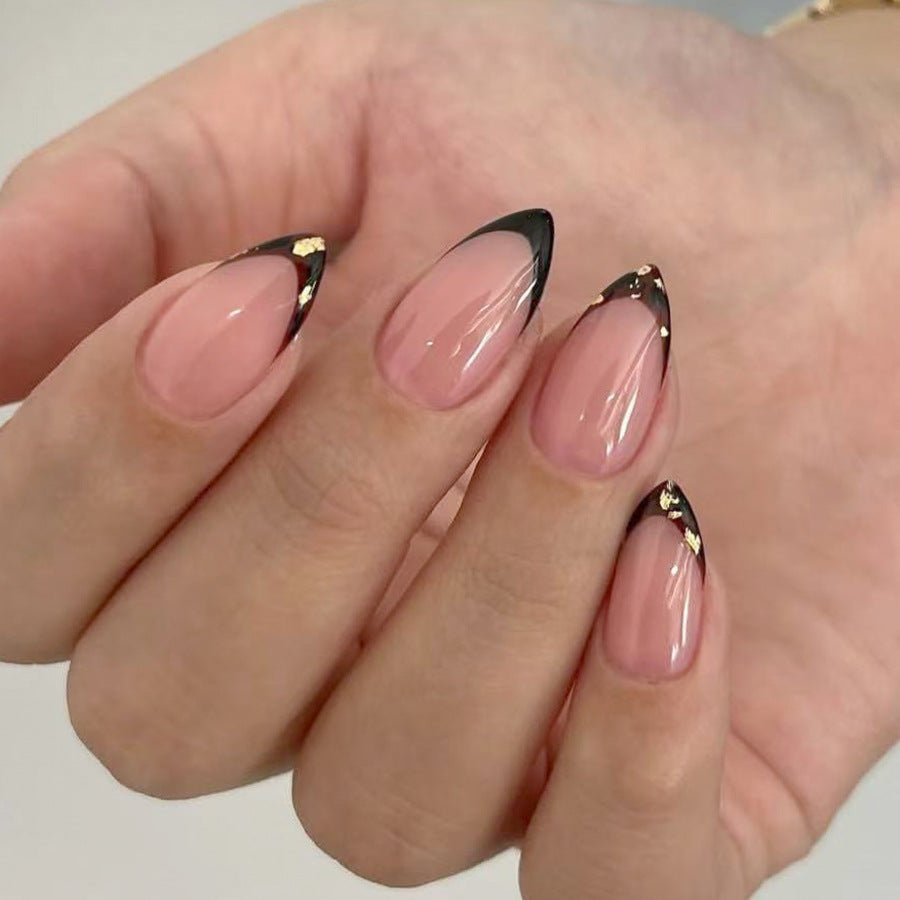 Glamorous Elegance Long Almond Pink with Black Tips and Gold Accents Press On Nail Set