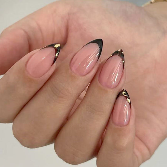 Glamorous Elegance Long Almond Pink with Black Tips and Gold Accents Press On Nail Set