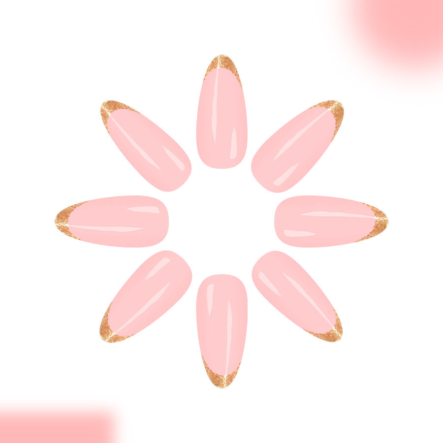 Blossom of Elegance Long Almond Pink Press on Nail Set with Dazzling Gold Tips