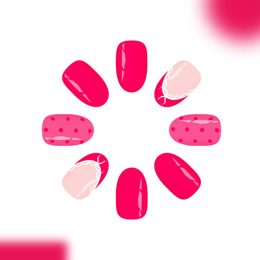 Chic Pink Glamour Short Oval Shape Press On Nail Set with Dotted and Lace Design