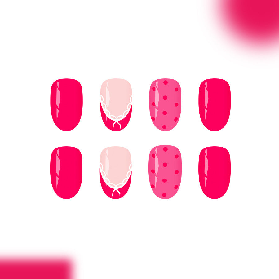 Whimsical Charm Press on Nail Set Short Oval Bright Pink with Chic Polka Dots and Elegant Lace Design