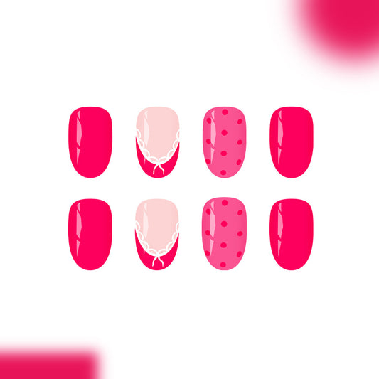Whimsical Charm Press on Nail Set Short Oval Bright Pink with Chic Polka Dots and Elegant Lace Design