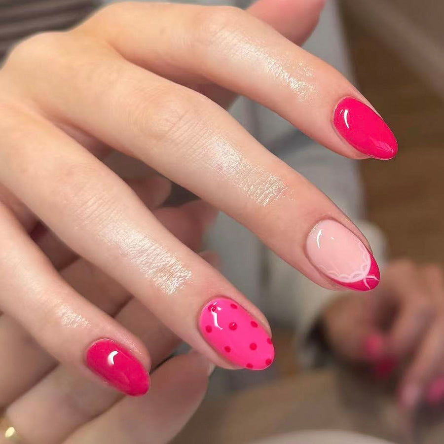 Sweet Strawberry Bliss Short Oval Pink Press On Nail Set with Dazzling Dot Details
