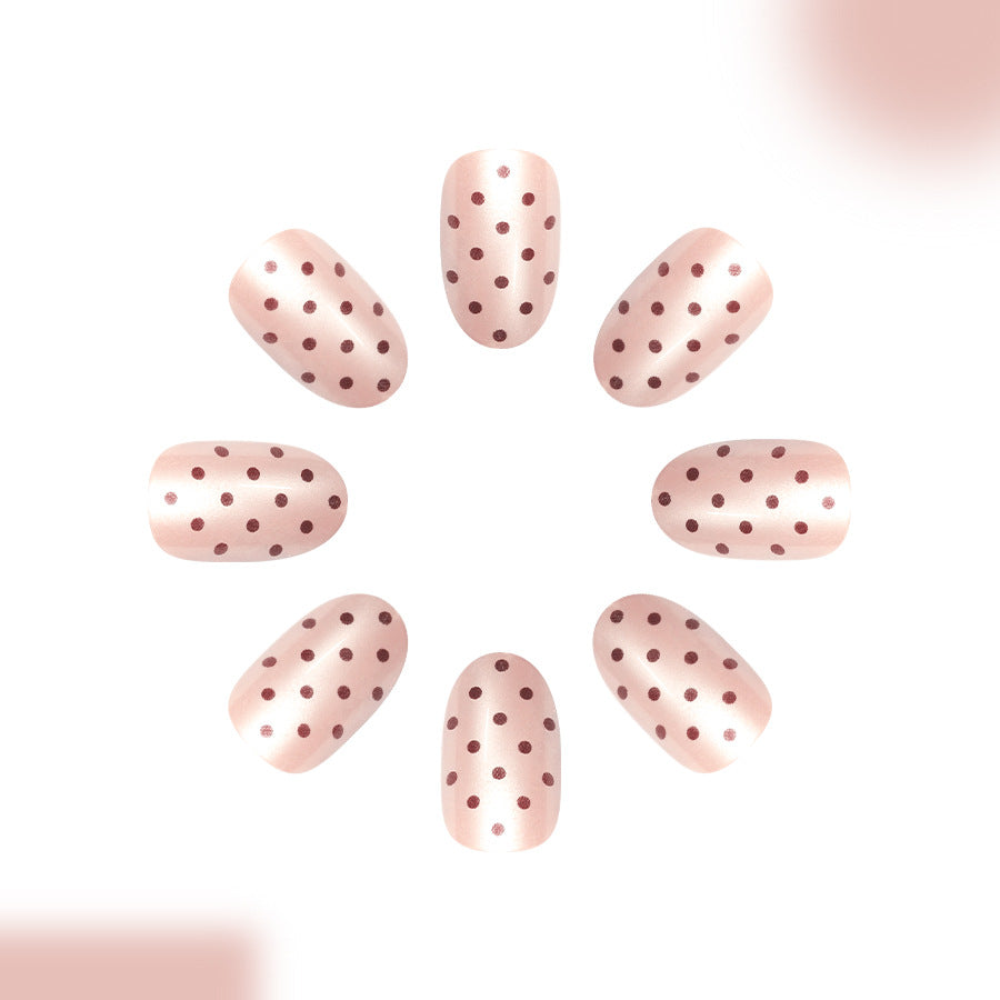Charming Rose Allure Short Oval Blush with Elegant Polka Dots Press On Nail Set