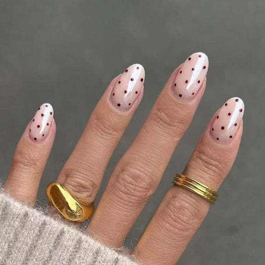 Chic Polka Dot Elegance Short Oval Soft Pink Dotted Design Press On Nail Set