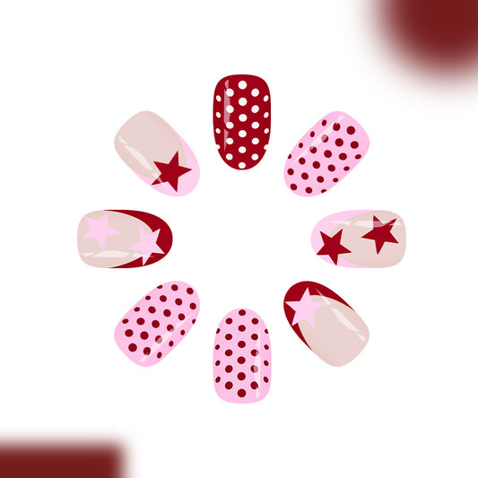 Celestial Glamour Short Oval Red and Pink Polka Dot and Star Press-On Nail Set