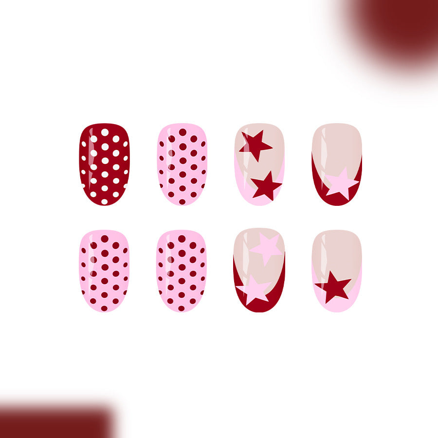 Cosmic Celebration Short Oval Deep Red and Soft Pink Stars and Dots Press On Nail Set