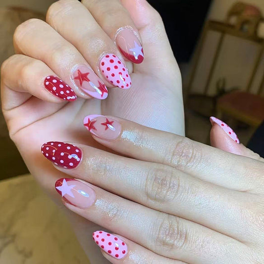 Whimsical Starry Delight Medium Almond Red and Pink Polka Dot Press On Nail Set with Shiny Accents