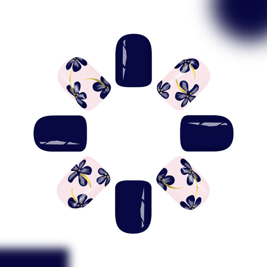 Elegant Floral Night Sky Short Square Deep Blue and Delicate Blossom Design Press-On Nail Set