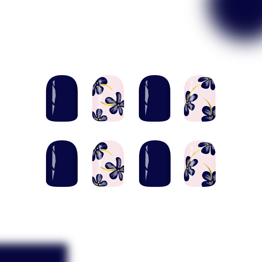 Floral Elegance Short Square Deep Blue Press On Nail Set with Artistic Flower Accents