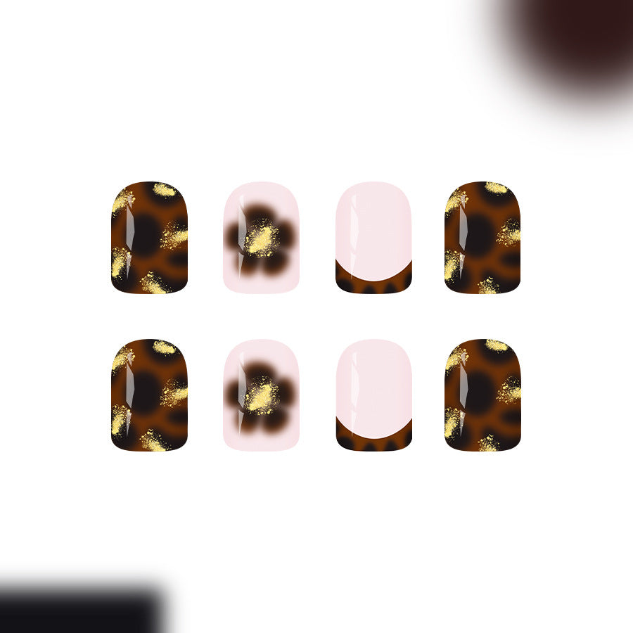 Chic Jungle Inspired Short Square Brown and Pink Gradient with Gold Accents Press On Nail Set