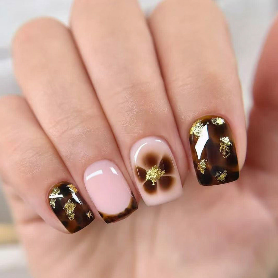 Bohemian Elegance Glossy Short Square Brown and Pink Floral Nail Set with Gold Accents