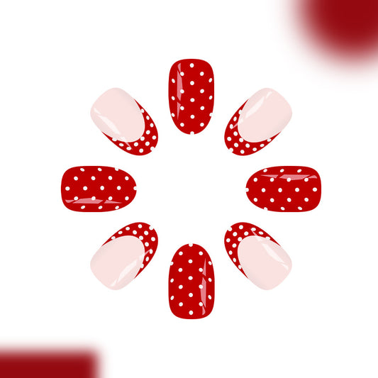 Polka Dot Bliss Short Oval Red Nails with Charming White Dots