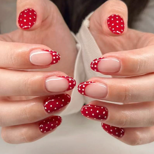 Charming Picnic Inspired Short Oval Shaped Red Nail Set with Polka Dot Design