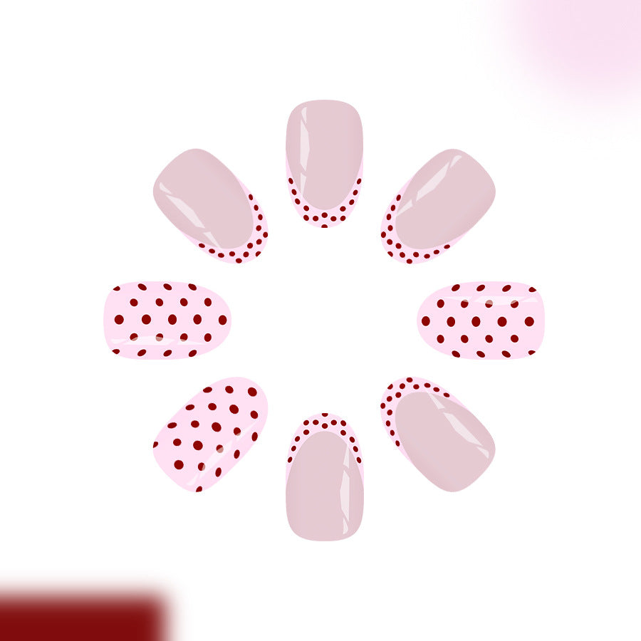 Chic Dots Stylish Short Oval Pink Nails with Red Polka Dots Unique Design Set