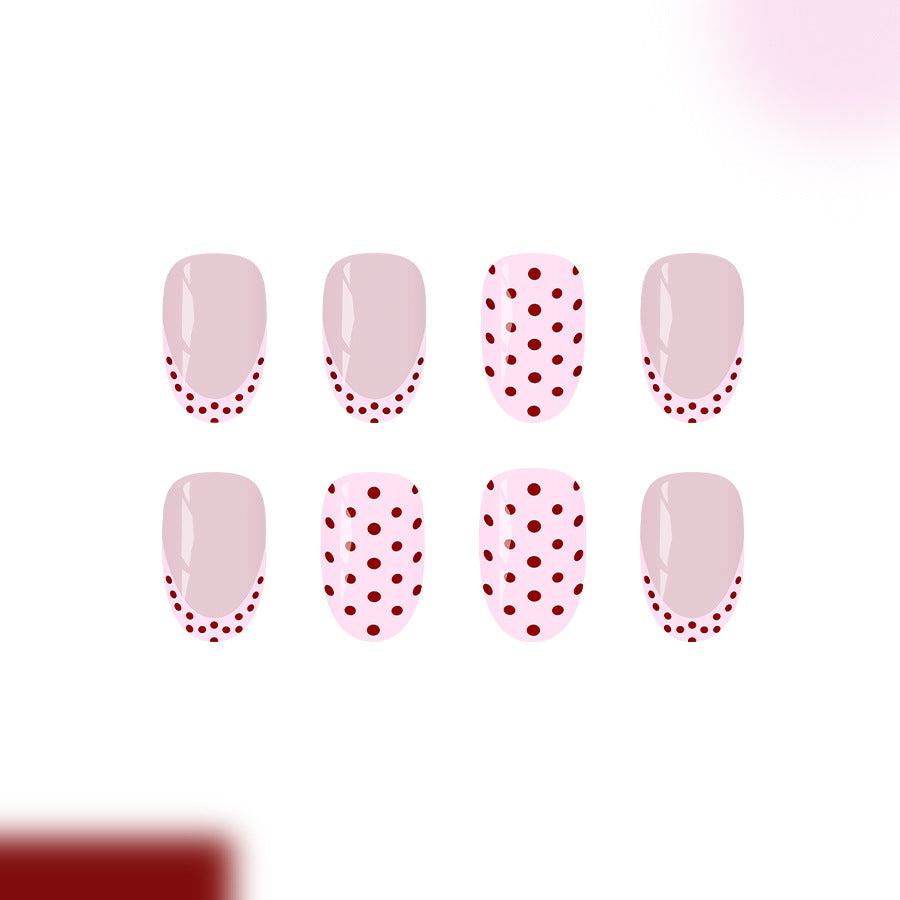 Chic Elegance Short Oval Soft Pink with Red Polka Dot Design Press On Nail Set