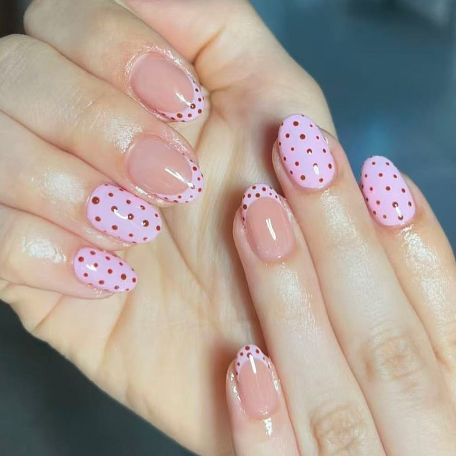 Sweet Strawberry Dream Short Oval Shape Shimmery Pink with Dotted Design Press On Nail Set
