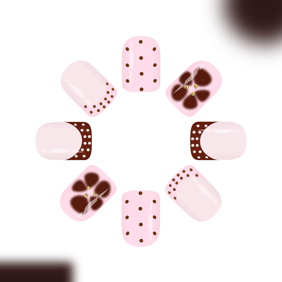 Whimsical Blossom Short Square Pink and Brown Floral Accent Press On Nail Set