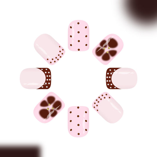 Whimsical Blossom Short Square Pink and Brown Floral Accent Press On Nail Set