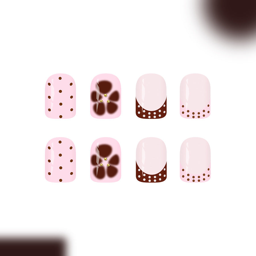 Sweet Temptation Press On Nail Set Elegant Short Square Soft Pink with Brown Accents and Charming Floral Design