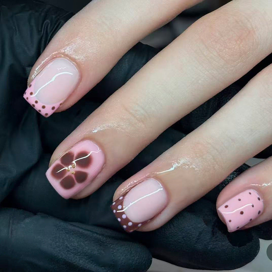 Whimsical Floral Charm Short Square Pink Glossy Press On Nail Set with Elegant Gold Accents