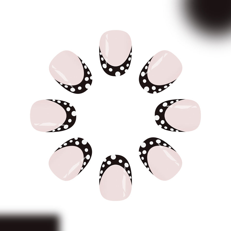 Chic Monochrome Elegance Short Round Pink and Black Polka Dot Nail Set