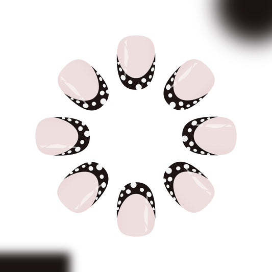 Chic Monochrome Elegance Short Round Pink and Black Polka Dot Nail Set