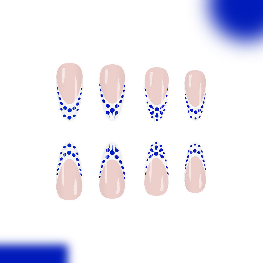 Ocean Breeze Long Almond Shape Blue and White Dotted Press on Nail Set for Effortless Glamour