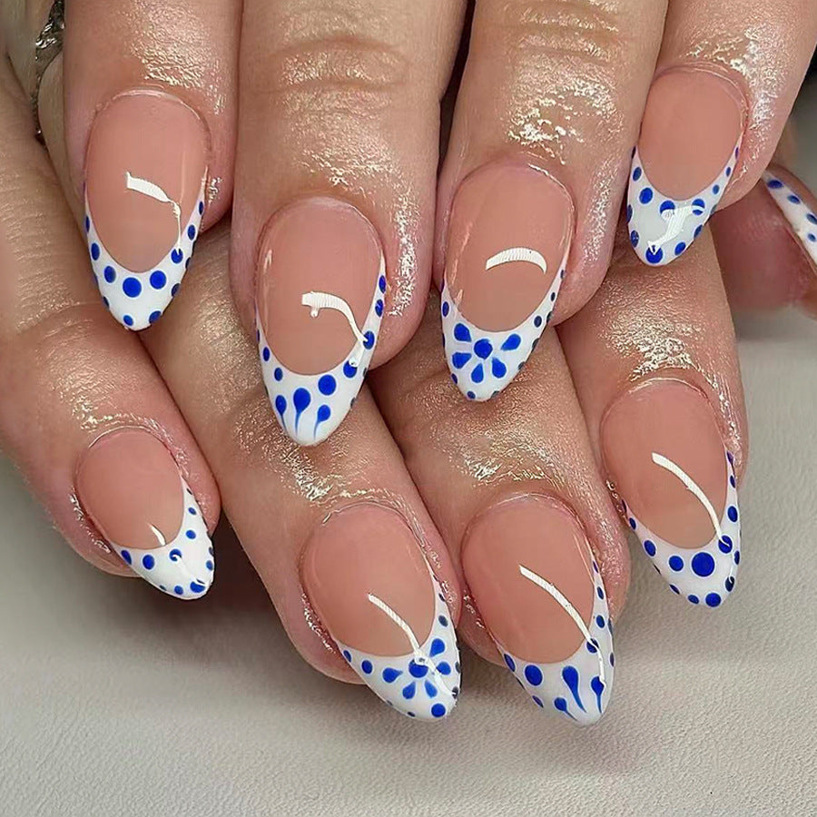 Ocean Breeze Elegant Long Almond Shaped Blue and White Polka Dot Press On Nail Set