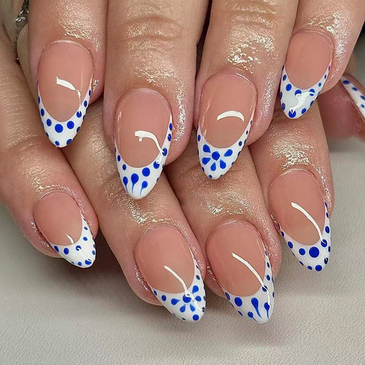 Ocean Breeze Elegant Long Almond Shaped Blue and White Polka Dot Press On Nail Set