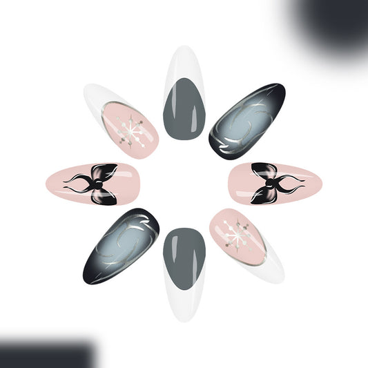 Winter Wonderland Long Almond Press On Nail Set in Soft Pink Elegant Gray and Frosted Snowflake Design