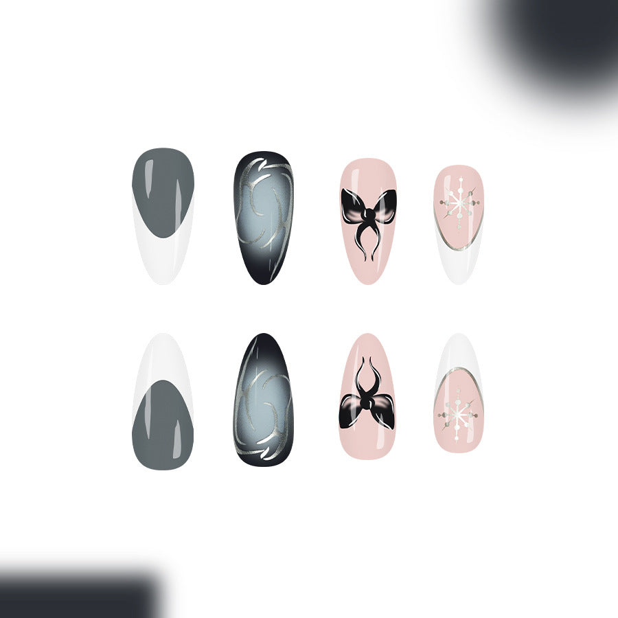 Mystical Elegance Long Almond Gray and Pink Stiletto Nail Set with Intricate Metallic Designs