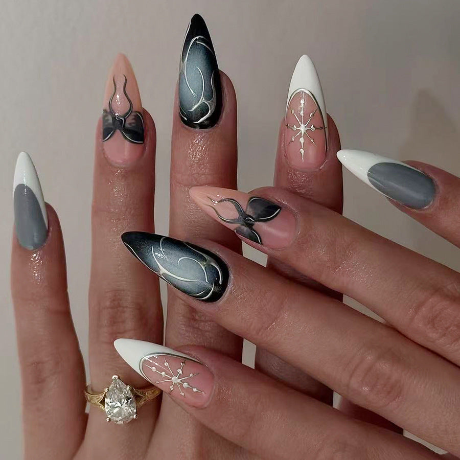 Elegant Fantasy Long Stiletto Ombre Gray and Black Press On Nail Set with Intricate Silver Detailing