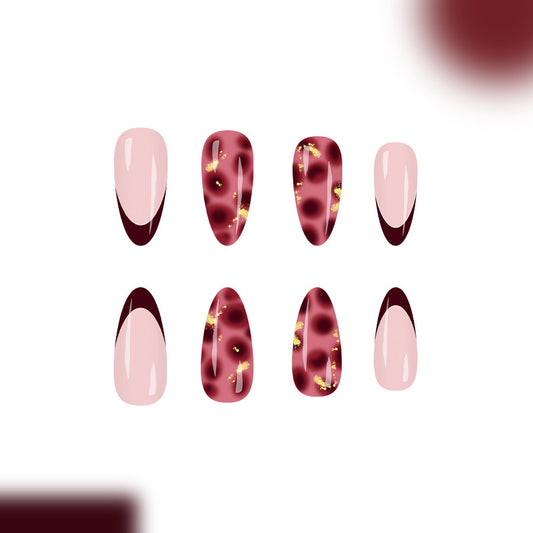 Wild Elegance Chic Long Almond Burgundy and Pink Ombre with Gold Accents Press on Nail Set