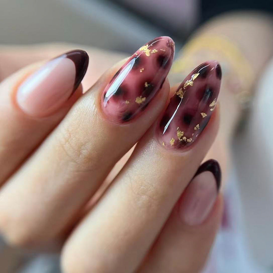 Glamorous Elegance Long Almond Blush Pink and Chocolate Brown Ombre with Gold Foil Accents Press On Nail Set