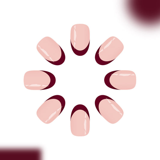 Chic Elegance Short Round Blush Pink with Deep Burgundy French Tips Press On Nail Set