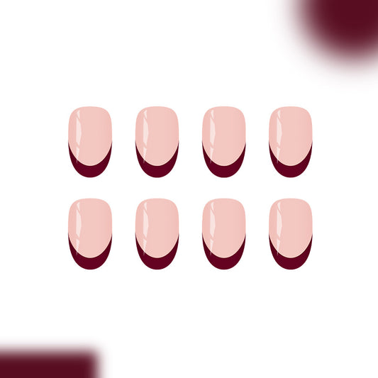 Chic Elegance Short Round Soft Beige with Bold Burgundy Tips Press-On Nail Set