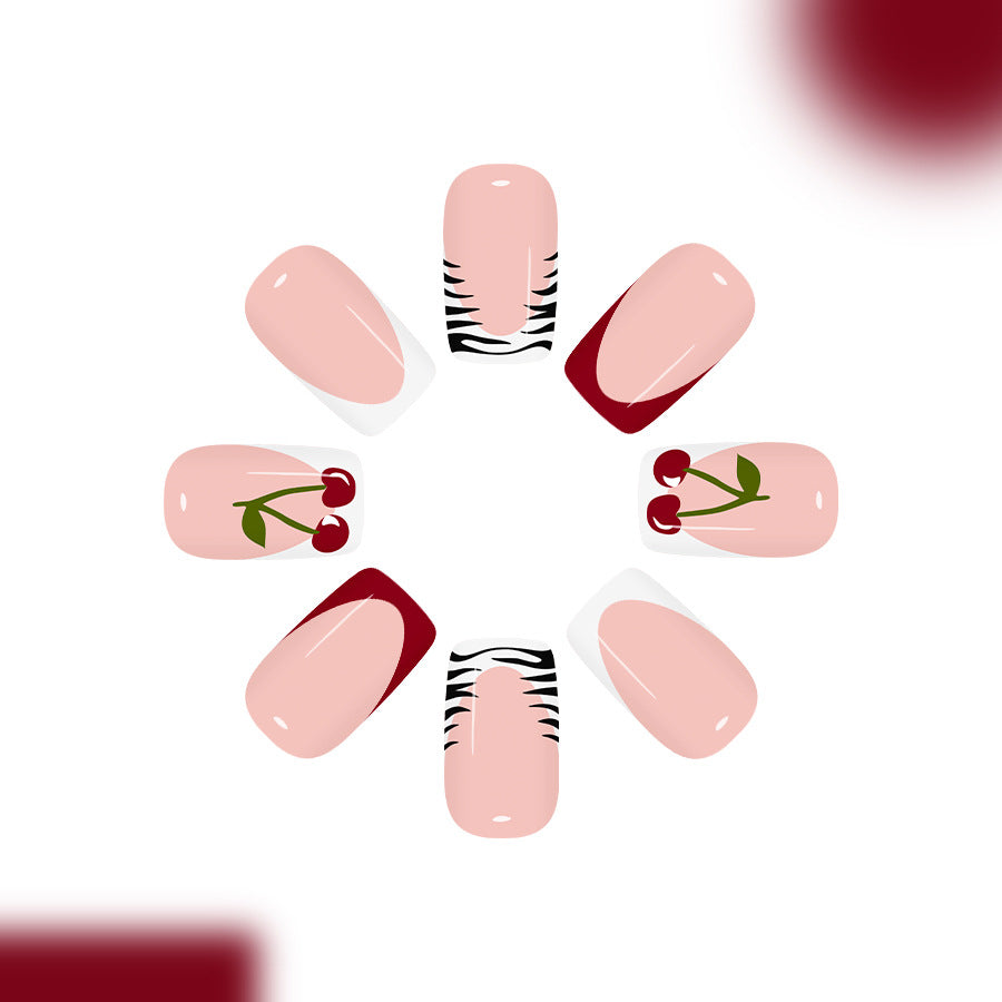 Cherry Blossom Perfection Medium Square Shaped Soft Pink with Elegant Fruit and Striped Design Press On Nail Set