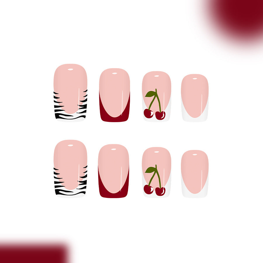 Cherry Blossom Inspired Medium Square Beige Press On Nail Set with Striking Zebra Patterns and Charming Fruit Accents