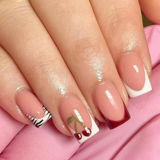 Cherry Blossom Dream Medium Square Long Elegant Press On Nail Set with Unique Zebra and Cherry Art