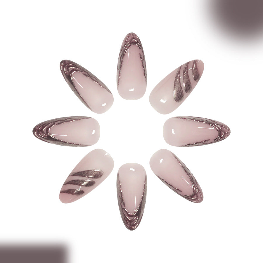 Mystical Rose Press On Nail Set Long Almond Shaped Soft Pink with Elegant Metallic Swirl