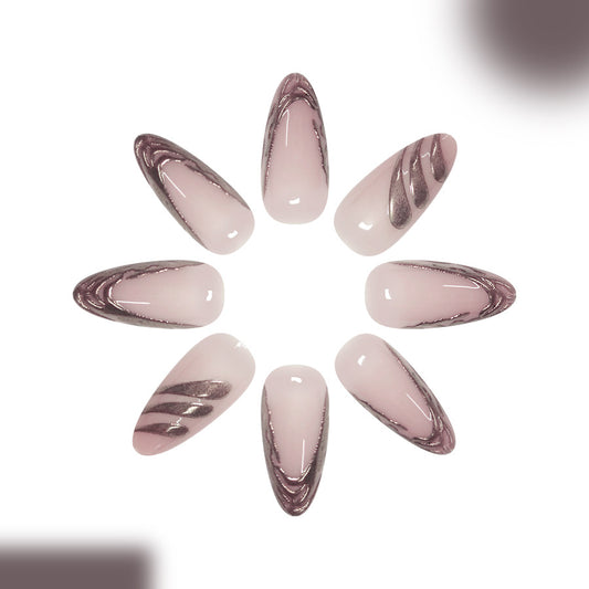 Mystical Rose Press On Nail Set Long Almond Shaped Soft Pink with Elegant Metallic Swirl