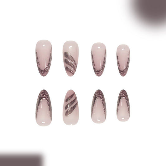 Elegant Whispers Long Almond Pink Ombre with Metallic Stripes Press on Nail Set