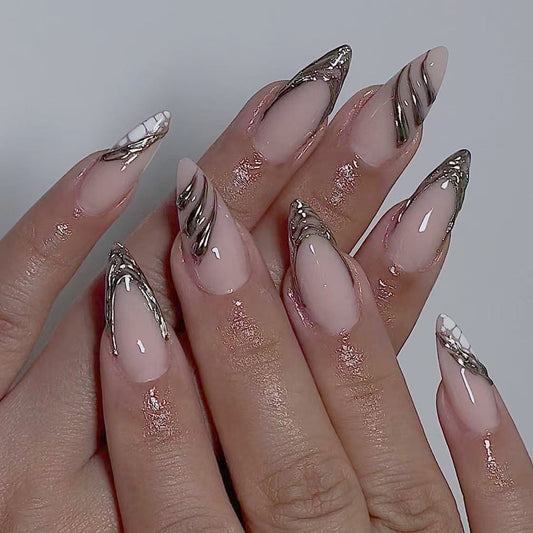 Glamorous Fantasy Long Almond Pink Nails with Elegant Swirl Accent