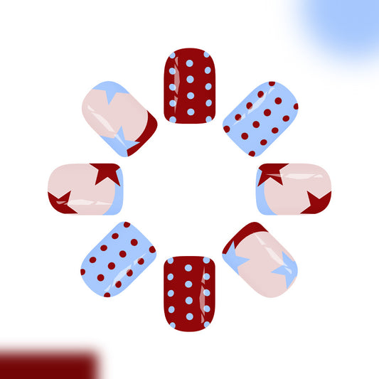 Vintage Charm Shiny Short Square Red and Blue Polka Dot and Star Press-On Nail Set