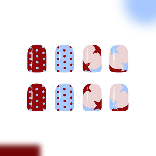 Starry Night Glamour Classic Short Square Burgundy and Sky Blue with Whimsical Dots and Stars Press On Nail Set