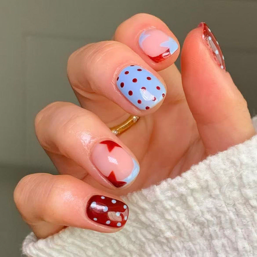 Whimsical Wonder Matte Short Square Red and Blue Polka Dot Press On Nail Set