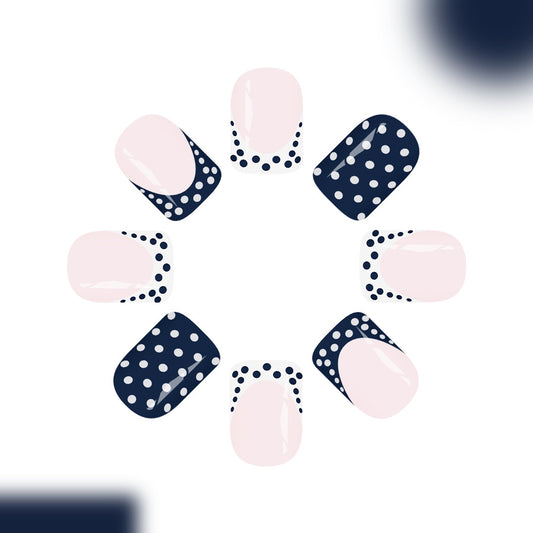 Nautical Charm Short Square Medium Navy and Blush Press on Nail Set with Playful Polka Dots