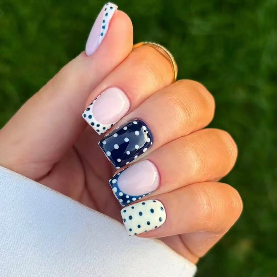 Whimsical Polka Dot Short Square Press On Nail Set in Soft Lavender and Deep Navy with Unique Assorted Patterns